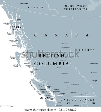 British Columbia, BC, province of Canada, gray political map. Situated on the Pacific Ocean, bordered by Alberta, Northwest Territories, Yukon, and the US states Alaska, Idaho, Montana and Washington.