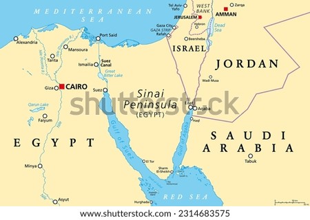 Sinai Peninsula region, political map. A peninsula in Egypt, located between the Mediterranean Sea and the Red Sea, land bridge between Asia and Africa. With parts of Israel, Jordan and Saudi Arabia.