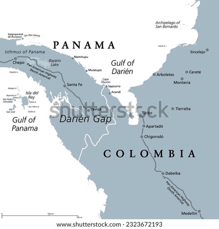 Darien Gap, gray political map. Region in the Isthmus of Panama, connecting North and South America with Central America. The gap is in the Pan-American Highway of which a part were not built.