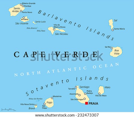 Cape Verde Political Map with capital Praia and important cities. English labeling and scaling.