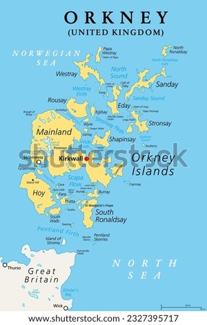 Orkney, or also Orkney Islands, political map. Archipelago of about 70 islands in the Northern Isles of Scotland, situated off the coast of the island of Great Britain, with Mainland as largest island