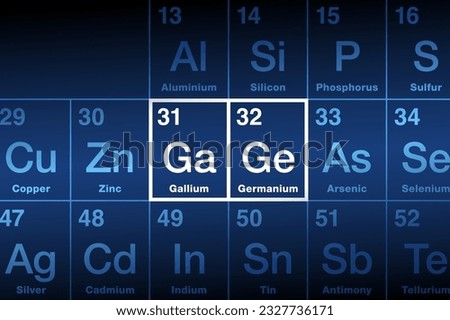 Gallium and Germanium on periodic table of the elements. Gallium (Ga), a metal, and Germanium (Ge), a metalloid are rare, but important semiconductor materials. A large part of them is mined in China.