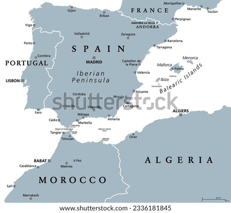 West Mediterranean, gray political map. Iberian Peninsula, bordered by the North Atlantic and Mediterranean Sea, separated from Africa by the Strait of Gibraltar. Portugal, Spain and Balearic Islands.