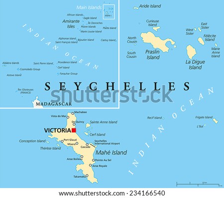 Seychelles Political Map With Capital Victoria, Important Cities And ...