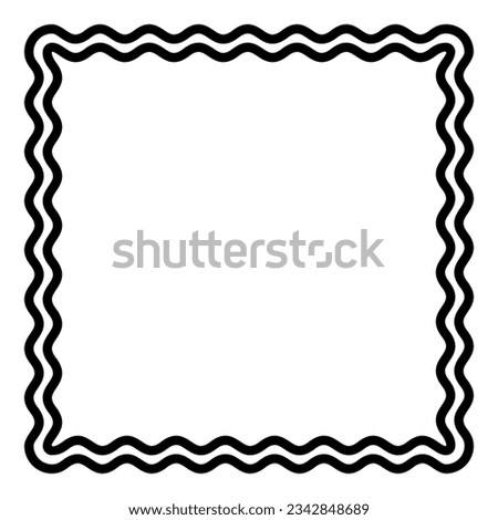Two bold wavy lines forming a square frame. Decorative and snake-like border, made by two serpentine lines. Isolated black and white illustration, on white background. Vector.