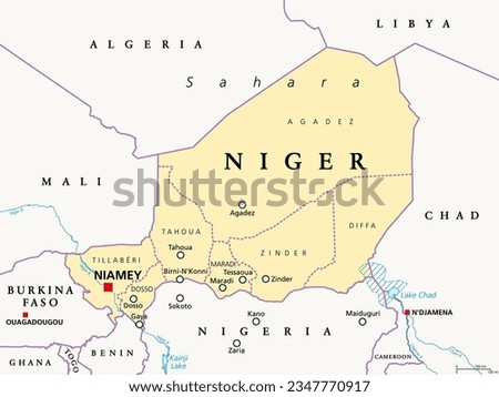 Niger, landlocked country in West Africa, political map with borders, regions, the capital Niamey and largest cities. The Republic of the Niger is a unitary state. Most of its area lies in the Sahara.
