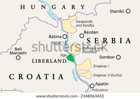 Liberland, political map. Free Republic of Liberland, unrecognised micronation in Europe, claiming Siga, an uninhabited parcel of disputed land on western bank of Danube, between Croatia and Serbia.