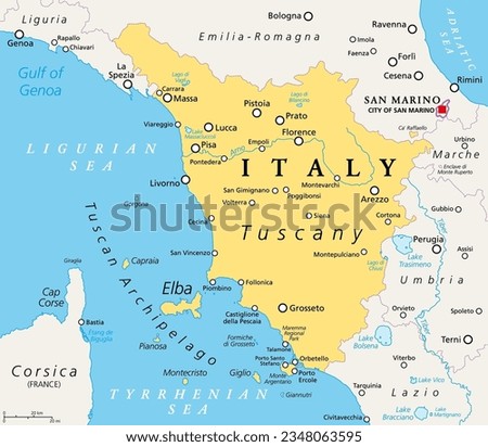 Tuscany, region in central Italy, political map with many popular tourist spots like Florence, Castiglione della Pescaia, Pisa, Lucca, Grosseto and Siena. The Tuscan Archipelago is part of the region.