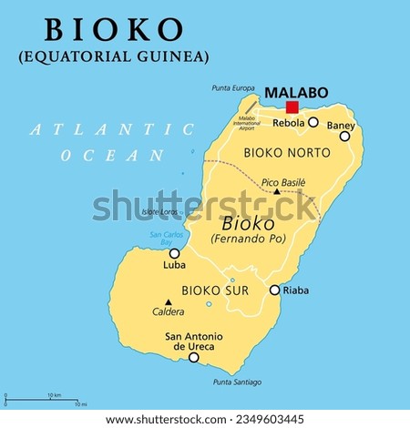 Bioko, island off the coast of Africa, political map. Historically Fernando Po, the northernmost part of Equatorial Guinea, with capital Malabo. Part of the Cameroon line, a chain of volcanic islands.