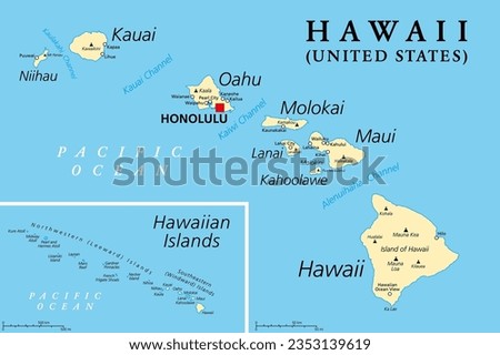 Hawaiian Islands, political map. Archipelago of eight major volcanic islands, several atolls and numerous smaller islets in the North Pacific Ocean, extending from Island of Hawaii to the Kure atoll.