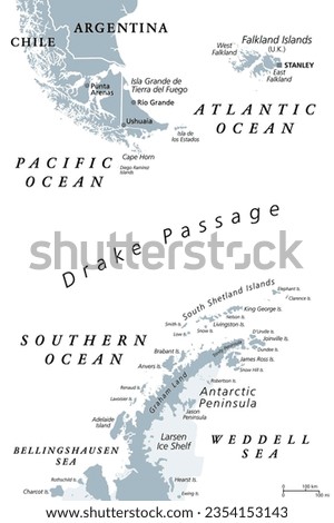 Drake Passage, Mar de Hoces, or Hoces Sea, gray political map. Body of water between Cape Horn and Antarctic Peninsula, connecting South Atlantic with South Pacific and extending into Southern Ocean.