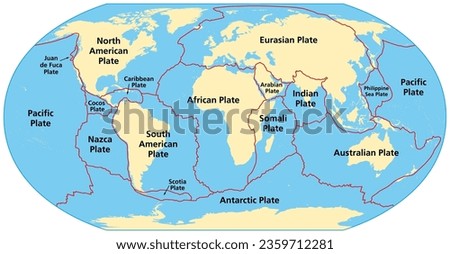 Map of the principal tectonic plates of the Earth. The sixteen major pieces of crust and uppermost mantle of the Earth, called the  lithosphere, and consisting of oceanic and continental crust. Vector
