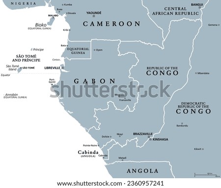 Part of Central Africa, subregion of the African continent, gray political map, with capitals, borders and largest cities. Gabon, Republic of the Congo, Sao Tome and Principe, and Equatorial Guinea.