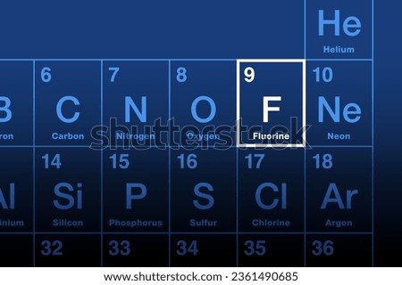 Fluorine element on the periodic table. Halogen and chemical element with symbol F and atomic number 9. Most electronegative element and extremely reactive. Named after Latin verb fluo, meaning flow.