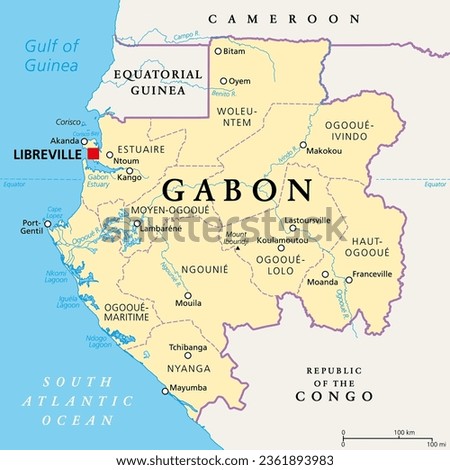 Gabon, political map. Gabonese Republic, with provinces. Central African country on Atlantic coast with capital Libreville. Bordered by Equatorial Guinea, Cameroon, Congo Republic, and Gulf of Guinea.