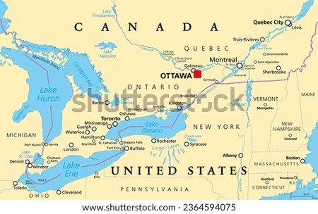 Quebec City Windsor Corridor, political map. Most densely populated and heavily industrialized region of Canada. The region extends between Quebec City in the northeast and Windsor, Ontario. Vector.