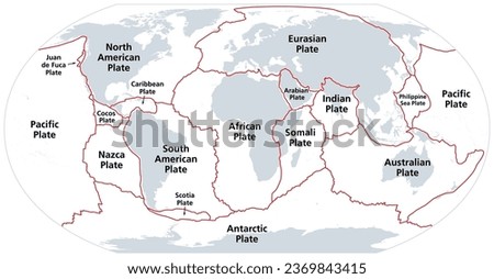 Principal tectonic plates of the Earth, gray map. The sixteen major pieces of crust and uppermost mantle of the Earth, called the lithosphere, and consisting of oceanic and continental crust. Vector.