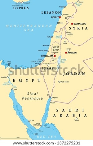 Israel and the Sinai Peninsula, political map. The Southern Levant, an arid geographical and historical region, encompassing Israel, Palestine, Jordan, Lebanon, southern Syria and the Sinai Peninsula.