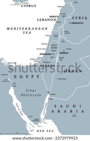 Israel and the Sinai Peninsula, gray political map. The Southern Levant, a geographical and historical region, encompassing Israel, Palestine, Jordan, Lebanon, southern Syria and the Sinai Peninsula.