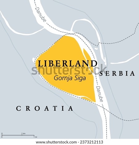 Free Republic of Liberland, gray political map. Unrecognized micronation in Southeast Europe, claiming Gornja Siga, uninhabited and disputed land on western bank of Danube between Croatia and Serbia.