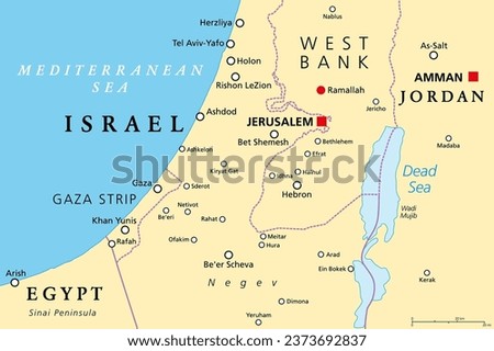 Part of the Southern District of Israel, political map, with the Gaza Strip, bottom half of West Bank, Dead Sea, and with borders and most important cities in this region. Illustration. Vector.