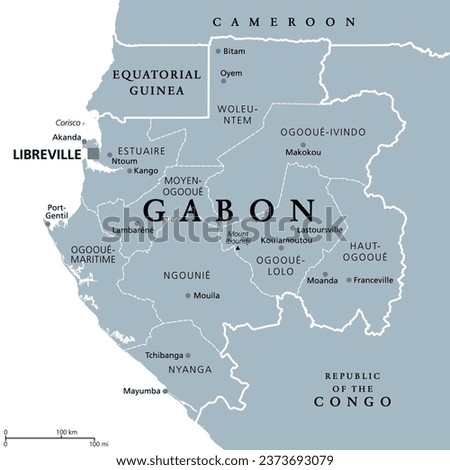 Gabon, gray political map with provinces. Gabonese Republic, with capital Libreville. Central African country bordered by Equatorial Guinea, Cameroon, Republic of the  Congo, and the Gulf of Guinea.