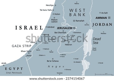 Part of the Southern District of Israel, gray political map, with the Gaza Strip, bottom half of West Bank, Dead Sea, and with borders and most important cities in this region. Illustration. Vector.