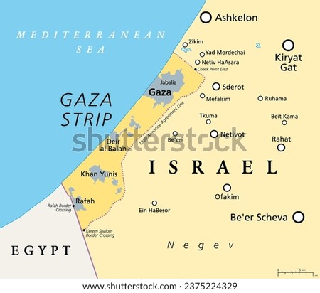 The Gaza Strip and surroundings, political map. Gaza is a self-governing Palestinian territory and narrow piece of land located on the coast of the Mediterranean Sea, bordered by Israel and Egypt.
