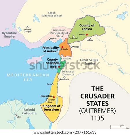 Crusader states at about 1135, map of Outremer, 4 Latin Catholic realms in the Levant, created after the First Crusade. Kingdom of Jerusalem, County of Edessa and Tripoli, and Principality of Antioch.