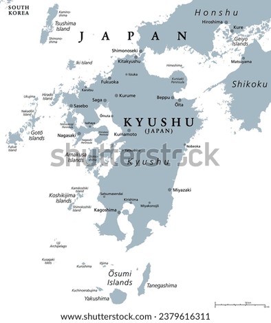 Kyushu, gray political map. One of the five main islands of Japan, southwest of Honshu and Shikoku, separated by Seto Inland Sea. With Tsushima Island, Goto, Amakusa, Koshikijima and Osumi Islands.