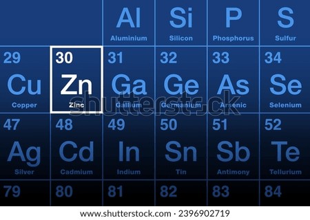 Zinc element on the periodic table, with atomic number 30 and element symbol Zn from German word Zinke. Slightly brittle metal and essential mineral, necessary for prenatal and postnatal development.