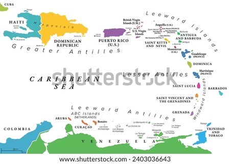 Lesser Antilles of the Caribbean, multicolored political map. Group of islands between Greater Antilles and South America. Divided into the Leeward Islands, Windward Islands, and the Leeward Antilles.