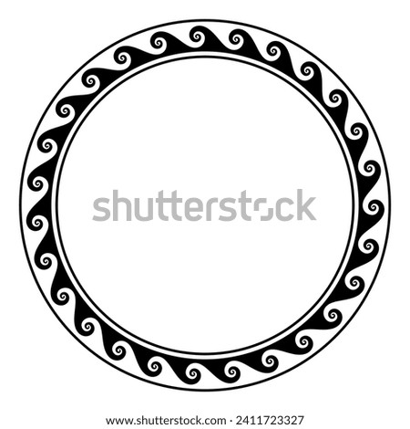 Sea wave pattern, circle frame with seamless meander design. Also known as running dog, scroll or Vitruvian wave pattern. Repeated motif with connected spirals, moving around a circle. Illustration.