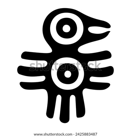 Fantastic bird symbol of ancient Mexico. Decorative Aztec flat stamp motif, showing a bird, as it was found in pre-Columbian Tenochtitlan, the historic center of Mexico City. Isolated illustration.