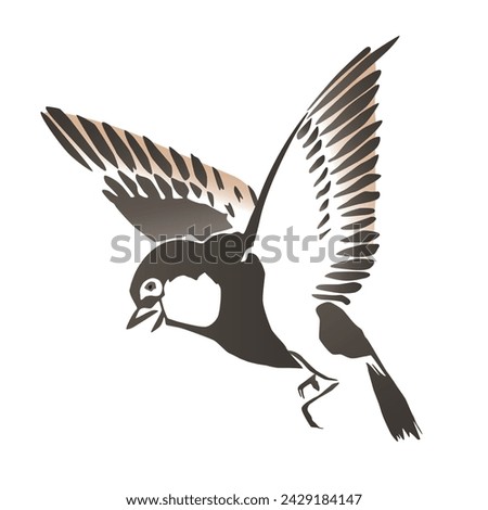 Small bird approaching, in the style of Japanese watercolor painting with wide brush strokes. Bird with outstretched wings, holding itself in the air with its wings. Isolated illustration. Vector.