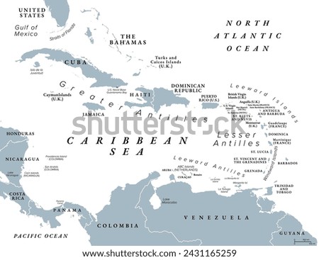 The Caribbean Sea and its islands, gray political map. The Caribbean, subregion of the Americas, with the West Indies, compromising independent island countries and dependencies in three archipelagos.