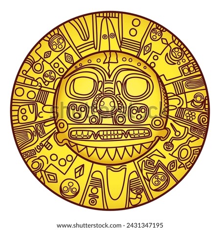 Golden sun of Echenique. Pre-Hispanic golden plate of unknown meaning, maybe representing the sun god Inti. Worn as breastplate by Inca rulers, since 1986 the coat of arms of the city Cusco in Peru.