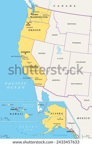 West Coast region of the United States, with Alaska and Hawaii, political map. Also known as Pacific Coast, Pacific Seaboard and Western Seaboard. Alaska, California, Hawaii, Oregon, and Washington.