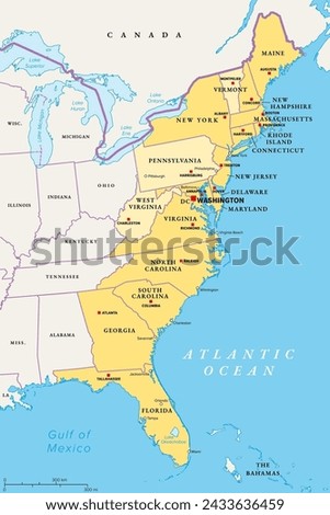 East or Atlantic Coast of the United States, political map. Eastern Seaboard states with coastline on Atlantic Ocean highlighted in yellow and States considered part of the East Coast in light yellow.