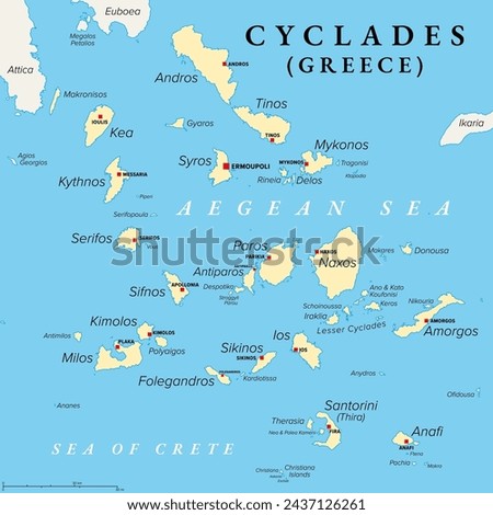 Cyclades, group of Greek islands in the Aegean Sea, political map. Southeast of mainland Greece. Cyclades means encircling and it refers to the circle, the islands form around the sacred island Delos.