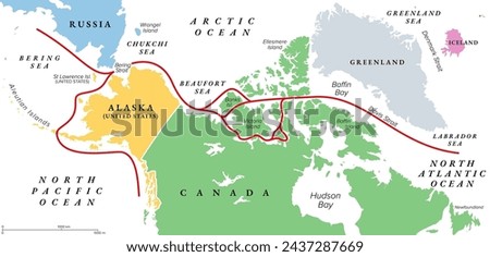 Northwest Passage, NWP, political map. Sea lane between Atlantic and Pacific Ocean through the Arctic Ocean, along the coast of North America via waterways through the Arctic Archipelago of Canada.