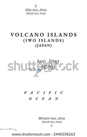 Volcano Islands, also known as Iwo Islands, gray political map. Three volcanic islands of Japan, located in the Pacific Ocean, and part of the Nanpo Islands. Iwo Jima, North and South Iwo Jima. Vector