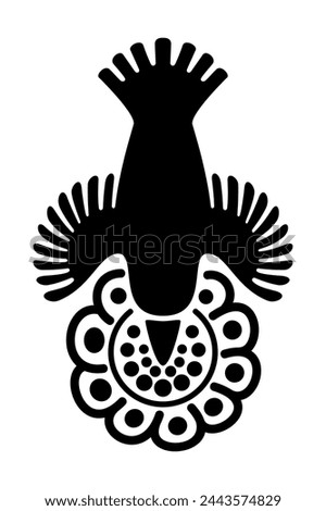 Hummingbird over a flower, motif and symbol of Aztec god Huitzilopochtli, whose name means Huitzilin or Hummingbird of the South. Decorative Aztec clay stamp motif found in pre-Columbian Mexico City.