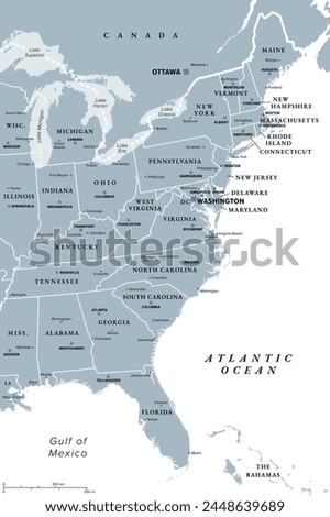 East Coast of the United States, gray political map. Also Eastern Seaboard, Atlantic Coast, and Atlantic Seaboard. The Region and coastline where the Eastern United States meets the Atlantic Ocean.