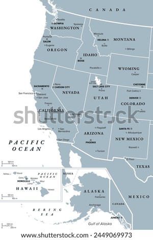 West Coast of the United States, with Alaska and Hawaii, political map. Also known as Pacific Coast and Western Seaboard, the coastline along which the Western United States meets the Pacific Ocean.