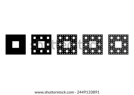 Sierpinski carpet, plane fractal. Starting with a square, cut into 9 congruent subsquares, the central one removed. Same procedure then applied recursively to the remaining 8 subsquares, ad infinitum.