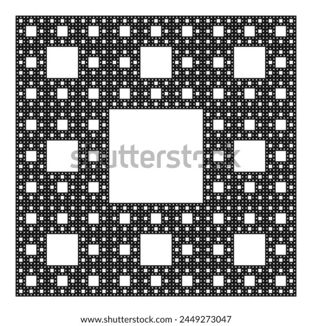 Sierpinski carpet, plane fractal, sixth step. Starting with a square, cut into 9 congruent subsquares, the central one removed. Same procedure then applied recursively to the remaining 8 subsquares.