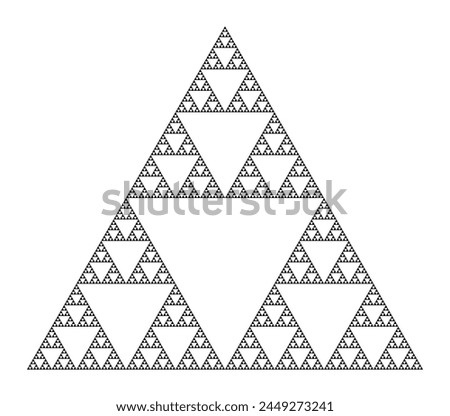 Sierpinski triangle, a plane fractal, seventh iteration step. Starting with a triangle, subdivided into four smaller triangles, removing the central one. Repeating step two with each smaller triangle.