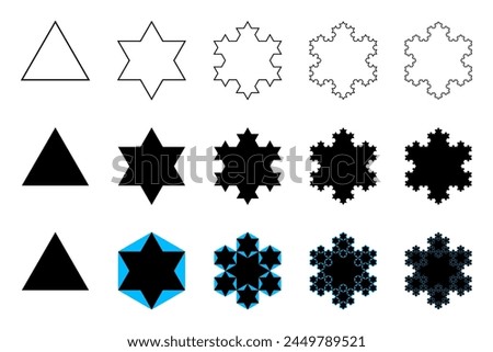 Evolution of a Koch snowflake, a fractal curve, first five iterations. Starting with an equilateral triangle, each successive stage is formed by adding outward jags to each side of the previous stage.