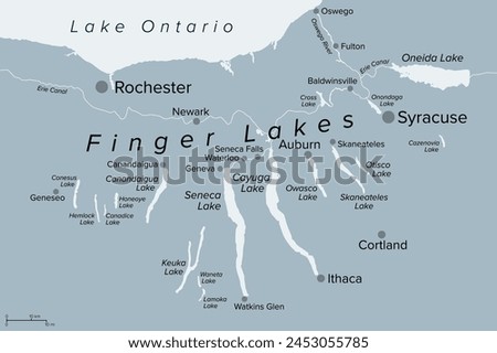 Finger Lakes region in New York State, United States, gray political map, with most important cities. Group of eleven long, narrow, roughly south-north lakes, located directly south of Lake Ontario.